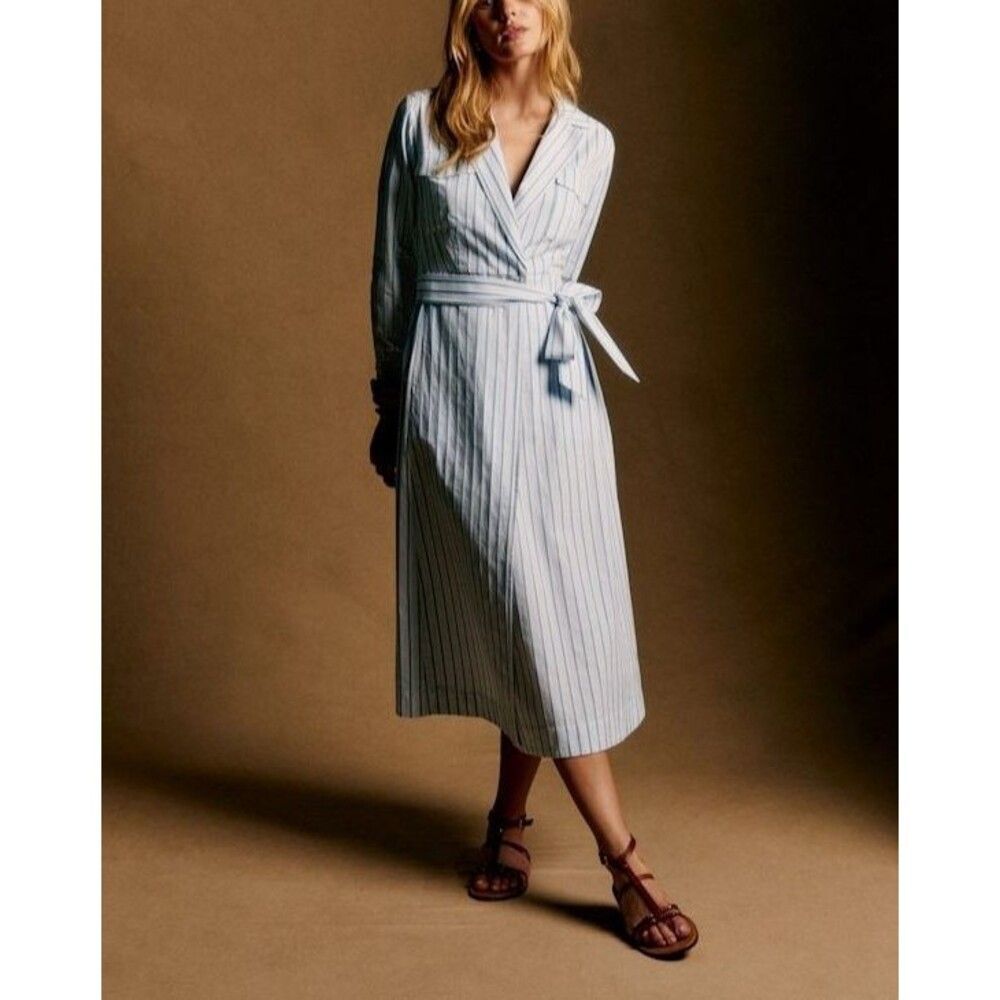 Sezane Wrap Style Striped Printed Midi Dress Long Sleeve Cotton XS-34 288151